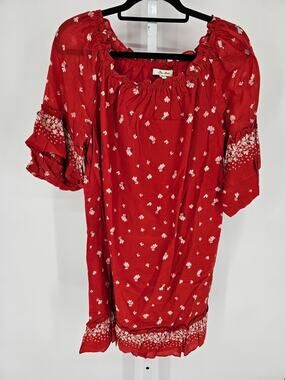 Ella Moon Womens Sz L Knee Length Boho Dress Red White Floral Off Shoulder